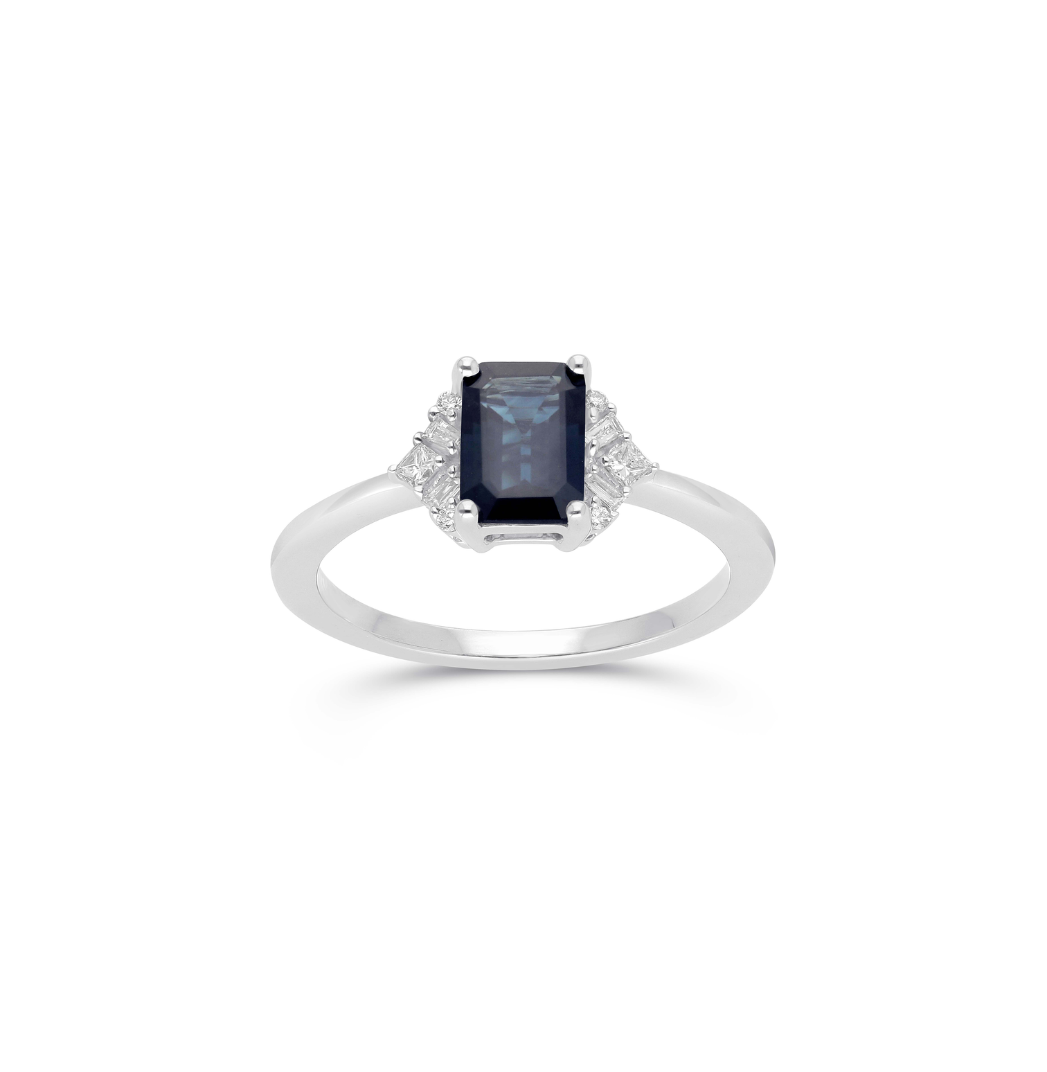 14K White Gold Blue Sapphire Engagement Ring with Multi-Shape Diamonds